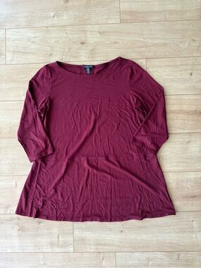 Eileen Fisher Petite Large Burgundy Viscose Blend 3/4 Sleeve Tunic Top Stretch